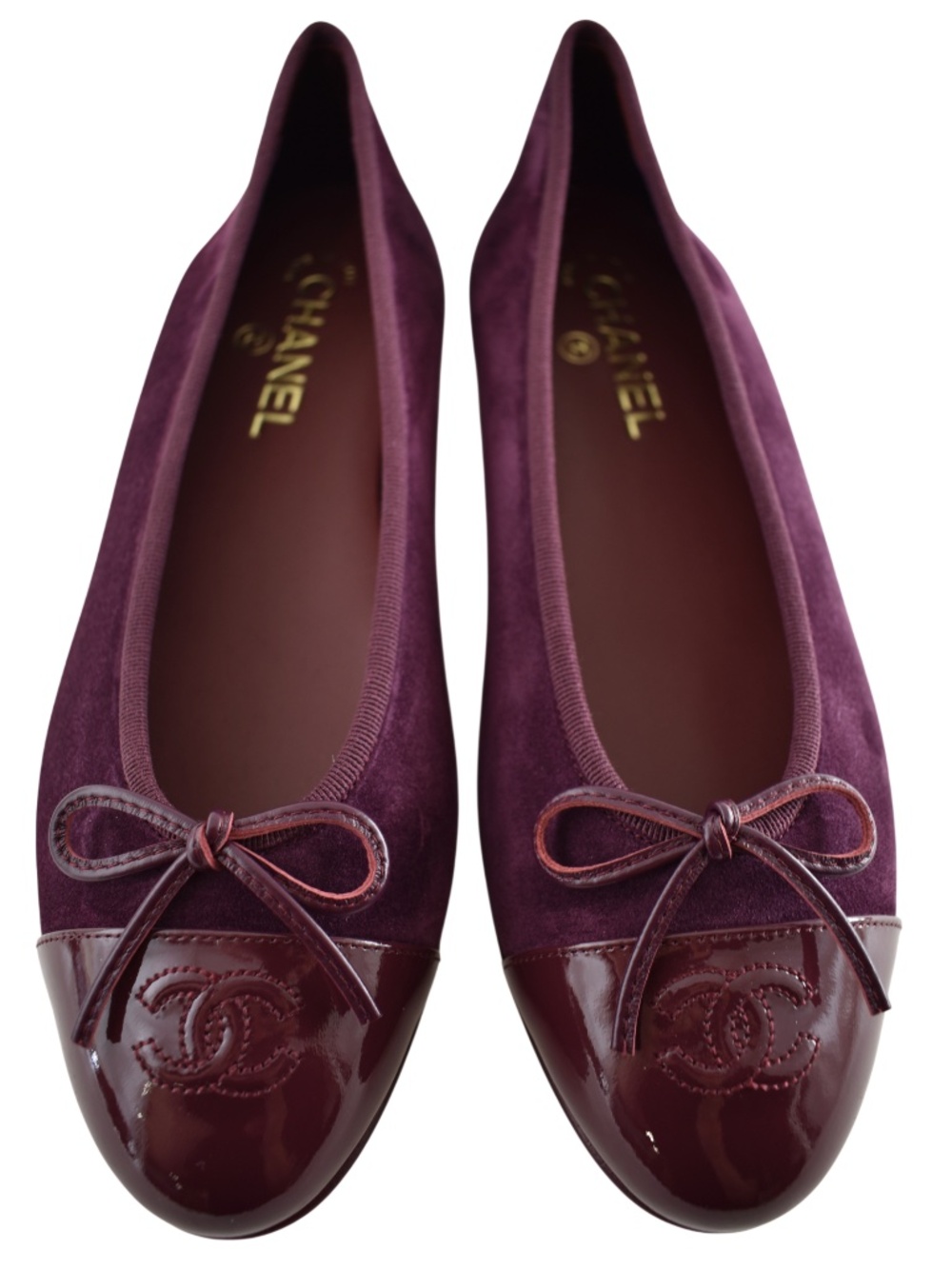 Chanel 26A Burgundy Red Purple Suede Patent CC Logo Ballet Ballerina Flat 40.5